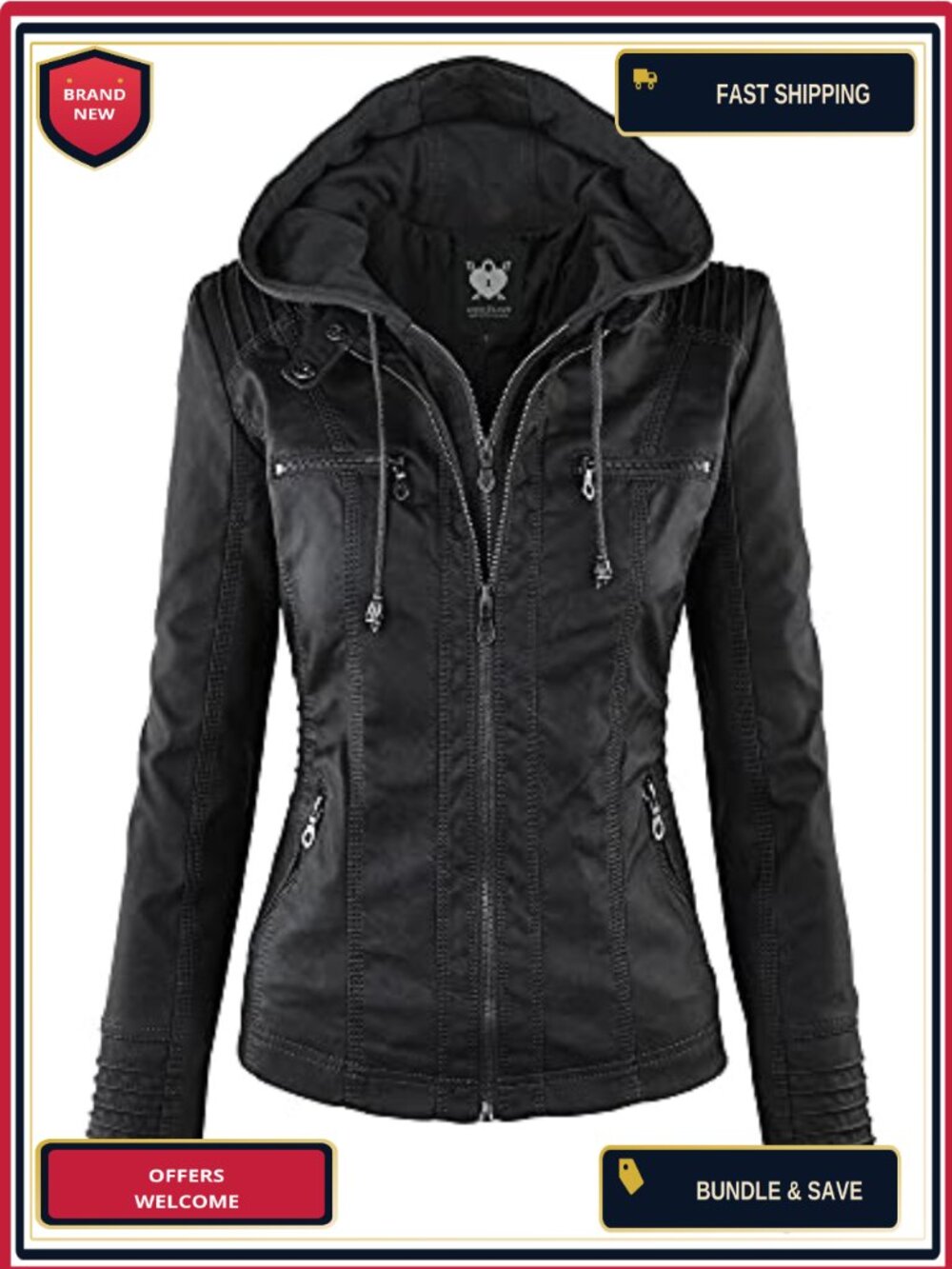 Women's Faux Leather Moto Biker Jacket Coat with Removable Hood